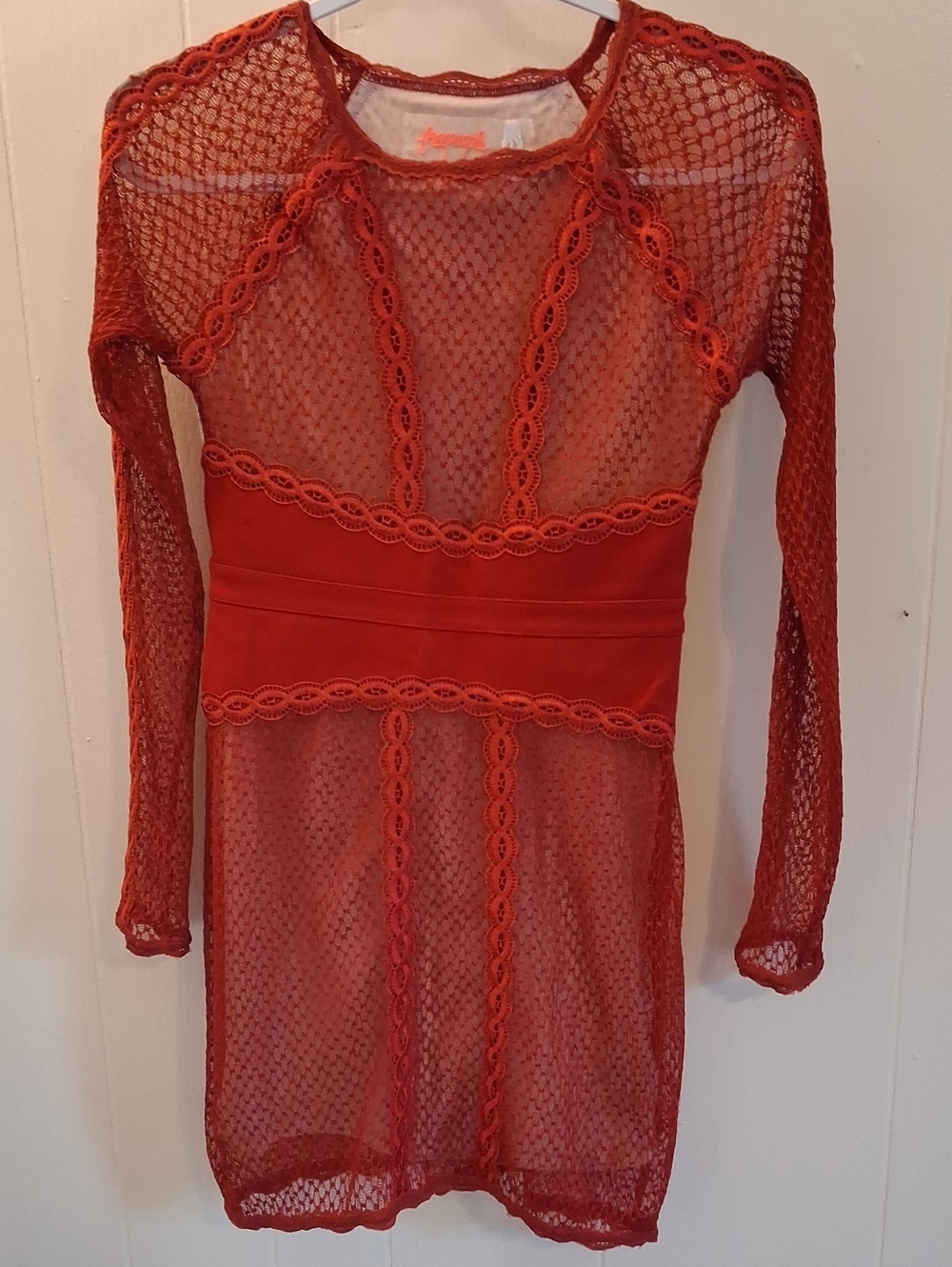 Free People Red Lace Mesh Long Sleeve Dress NWOT